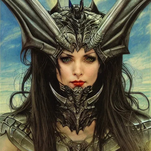 Image similar to head and shoulders portrait of an armored erinyes devil with huge bat wings, d & d, fantasy, luis royo, magali villeneuve, donato giancola, wlop, krenz cushart, hans zatka, klimt, alphonse mucha