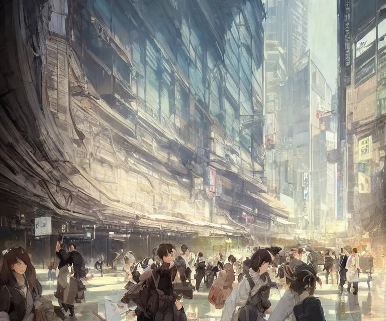 Prompt: tokyo shibuya station. volumetric lighting, spring early morning, dew, nice weather, realistic illustration, perfectly shaded, soft painting, art by krenz cushart and wenjun lin