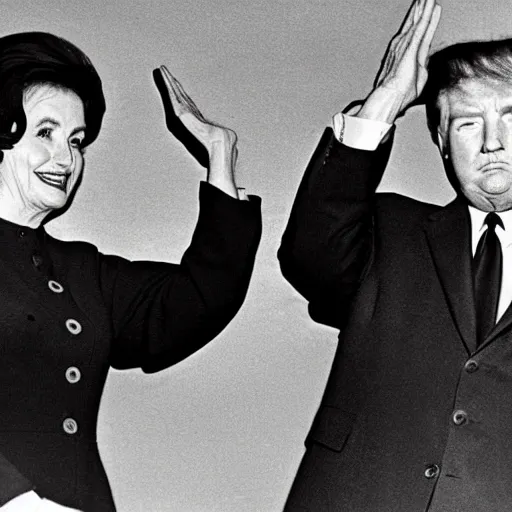 Prompt: A photo from the 1960s shows Pelosi and Trump saluting in Chinese military uniforms.