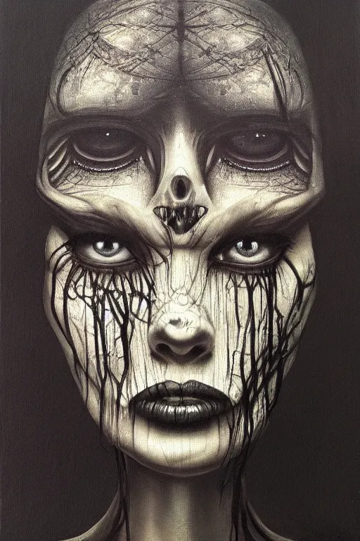 Prompt: a painting of a person's face with a black background, an ultrafine detailed painting by h. r. giger, trending on deviantart, metaphysical painting, lovecraftian, cosmic horror, detailed painting