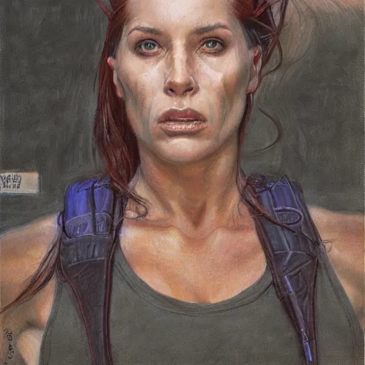 Prompt: frontal portrait of a bulky female survivor in a city, by donato giancola.