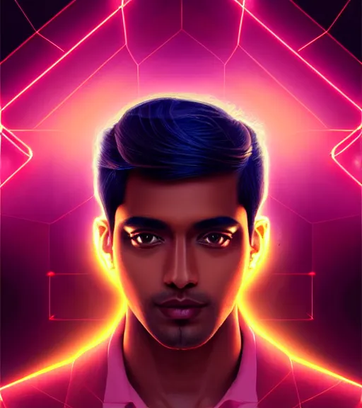 Image similar to symmetry!! indian prince of technology, solid cube of light, hard edges, product render retro - futuristic poster scifi, lasers and neon circuits, brown skin handsome indian prince, intricate, elegant, highly detailed, digital painting, artstation, concept art, smooth, sharp focus, illustration, dreamlike, art by artgerm