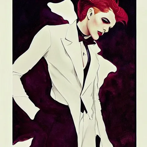 Image similar to beautiful portrait of androgynous ruby rose as desire from sandman in a white tuxedo!!!, rockabilly style,, by alphonse mucha, by jeremy mann, by peter lindbergh, dave mckean, by cedric peyravernay, white suit and black tie, soft lightning, high detailed, 8 k