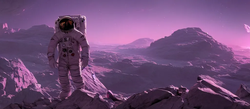 Prompt: one astronaut on purple crystal, beautiful dynamic lighting, cinematic, wide angle establishing shot, extremely high detail, photo realistic, cinematic lighting, post processed, concept art, artstation, matte painting, style by frederic church, raphael lacoste, unreal engine 8 k, roger deakins