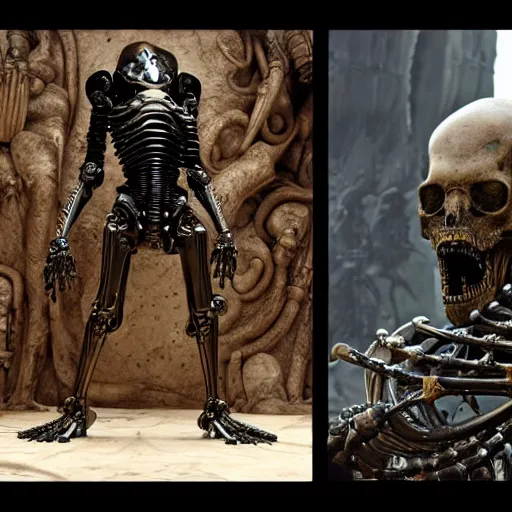 Image similar to still frame from Prometheus movie by giger, necron lord editorial by Malczewski, biomechanical armoured knight by Wayne Barlowe, ornate elaborate complex artifact of death