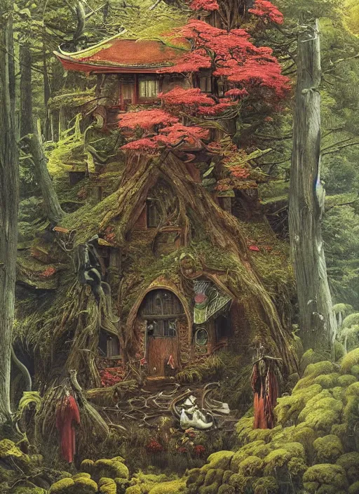 Image similar to hyper realistic witch cottage japanese shrine in the woods gorgeous lighting, highly detailed, lush forest painting by zdzisław beksinski and norman rockwell and greg rutkowskiweta studio, and lucasfilm