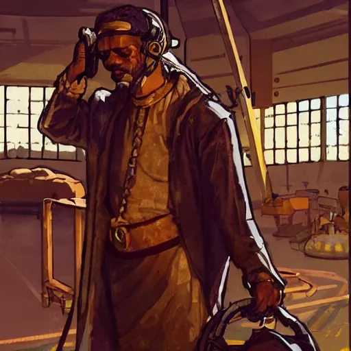 Image similar to Xerxes the Beggar priest with cyberpunk headset in a busy spaceport on Poseidon 5 colony. Gritty Concept art by James Gurney.