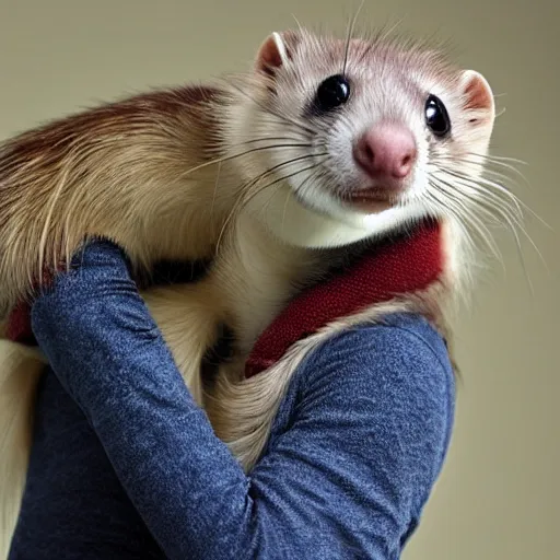 Prompt: long ferret like a scarf, wrapped up comfortably, living animal on your shoulders