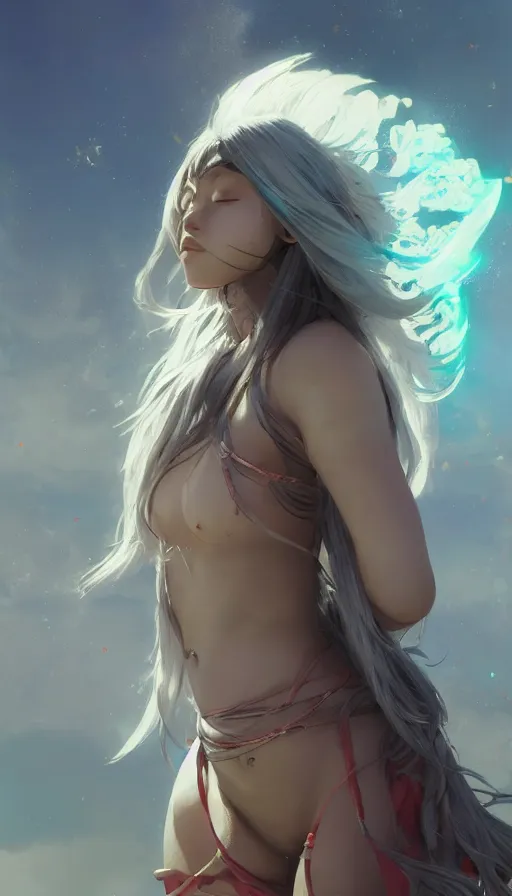 Prompt: beautiful himalayan woman with long silver hair, sci - fi summer bikini, matte, art by ilya kuvshinov and kyoto animation and ruan jia and greg rutkowski, studio quality, aniplex, masterpiece, dramatic warm light, oceanside