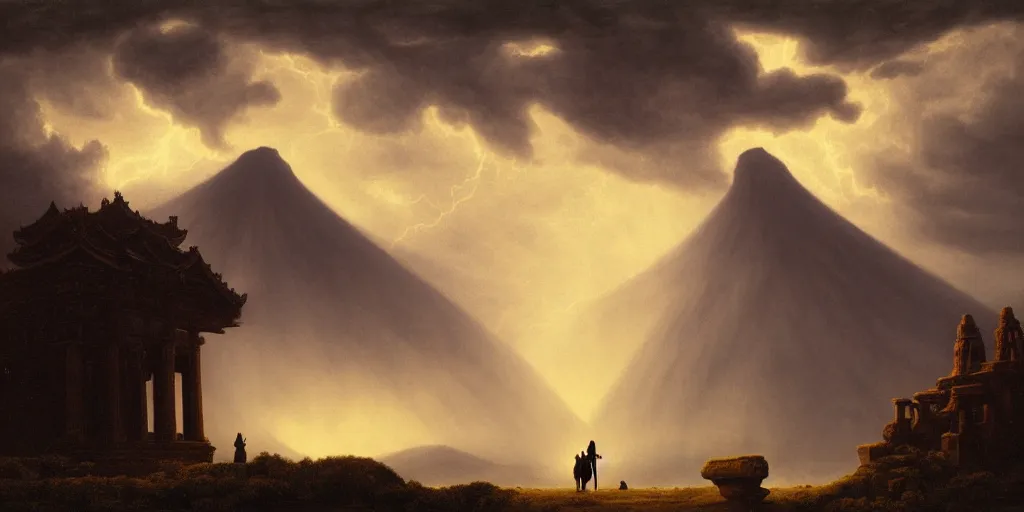 Image similar to a princess, shadow of the colossus, in front of a temple, at a volcano, storm clouds, dramatic lighting, hudson river school