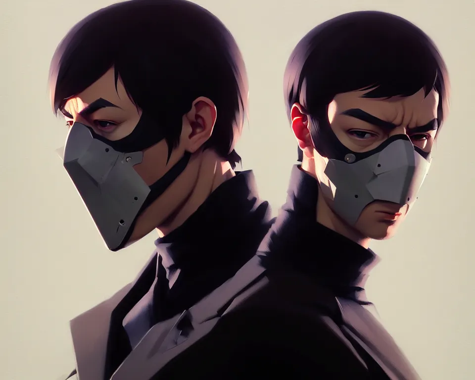 Prompt: half masked man, masterpiece portrait, highly detailed face, by ilya kuvshinov, greg rutkowski and makoto shinkai, trending on artstation