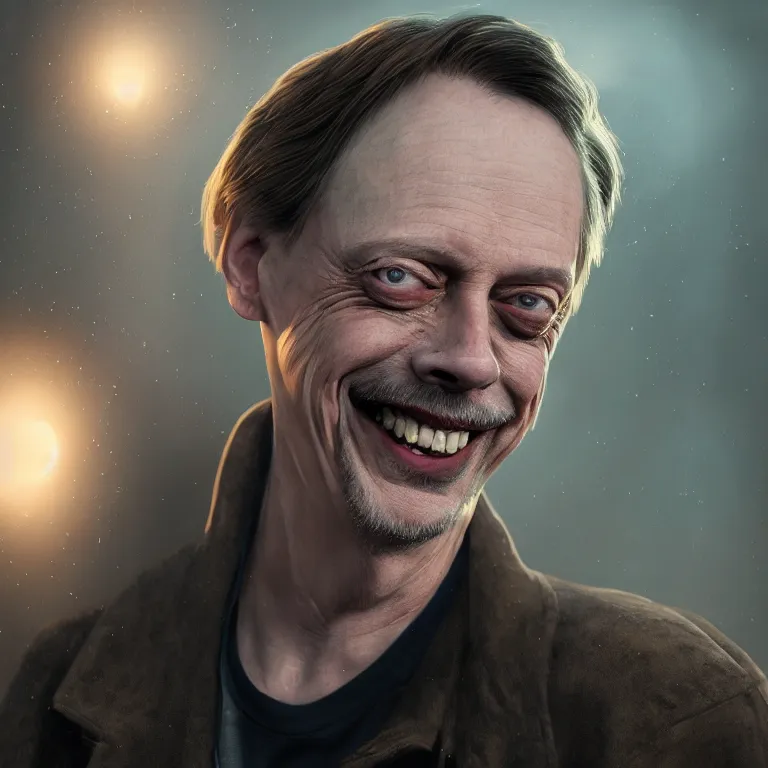 Image similar to steve buscemi smiling during the apocalypse, intricate details, complementary lighting, detailed face, backlighting, octane render, raytraced, depth of field, extremely detailed, trending in artstation, focus on face, sharp focus, radiant light, beautiful composition, yihao ren, zochi, zero - hour, jean paul fiction