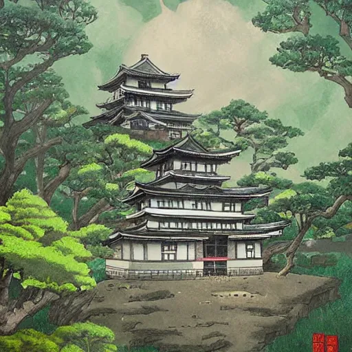 Prompt: japanese fortress in a city inside the forest by studio ghibli painting