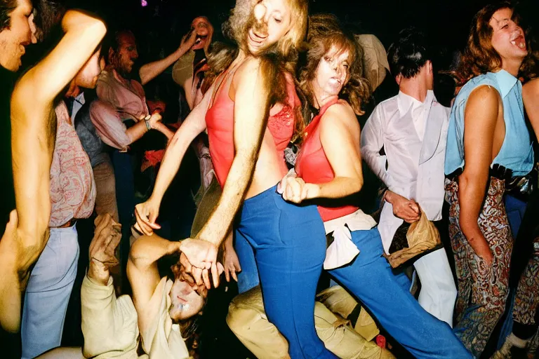 Image similar to people dancing in a club in the 70's by Geoff Darrow , they're sweating, theynre hot, colored photography, flash photography, close up, 50mm lens