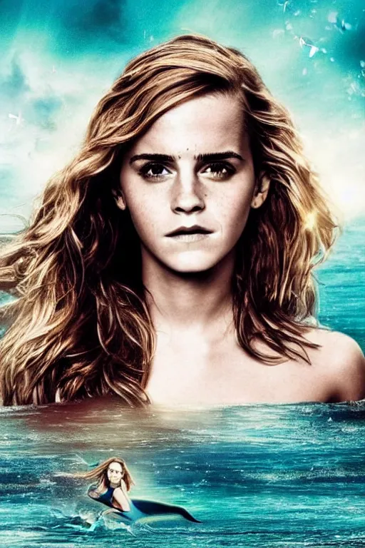 Prompt: Beautiful Poster of Emma Watson as a mermaid, full body, cinematic lighting, starlit shining eyes