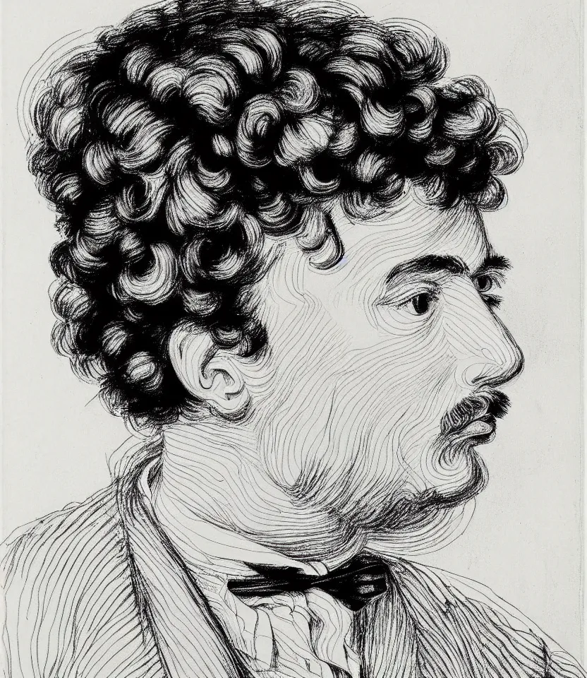 Image similar to detailed line art portrait of pierre - auguste renoir, inspired by egon schiele. caricatural, minimalist, bold contour lines, musicality, soft twirls curls and curves, confident personality, raw emotion