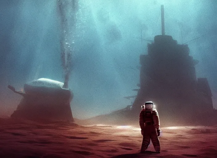 Image similar to astronaut holding a flag in an underwater desert. a submarine is visible in the distance. dark, concept art, cinematic, dramatic, atmospheric, 8 k, trending on artstation, blue, fish, low visibility, fog, ocean floor, christopher nolan, interstellar