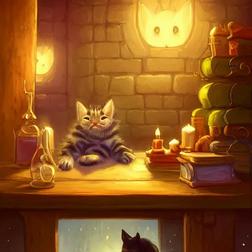 Image similar to beautiful fantasy illustration of an adorable kitten sleeping on the counter of a potion shop. candles, books. by andreas rocha and marc simonetti, trending on artstation 8k hq