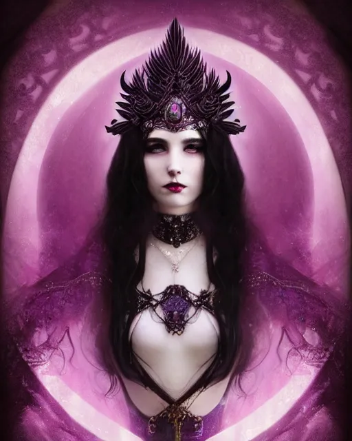 Image similar to a beautiful image of a young woman, Liliana Vess the last hope, dark enchantress, long flowing black hair, ornate headdress, Victorian purple and black elegant costume, young female face, cinematic top lighting, insanely detailed and intricate, face by wlop, Charlie Bowater, golden ratio, symmetric, elegant, ornate, luxury, elite, matte painting, cinematic, LIliana character from MTG, Magic the Gathering, trending on artstation, deviantart and cgsociety, 8k, high resolution