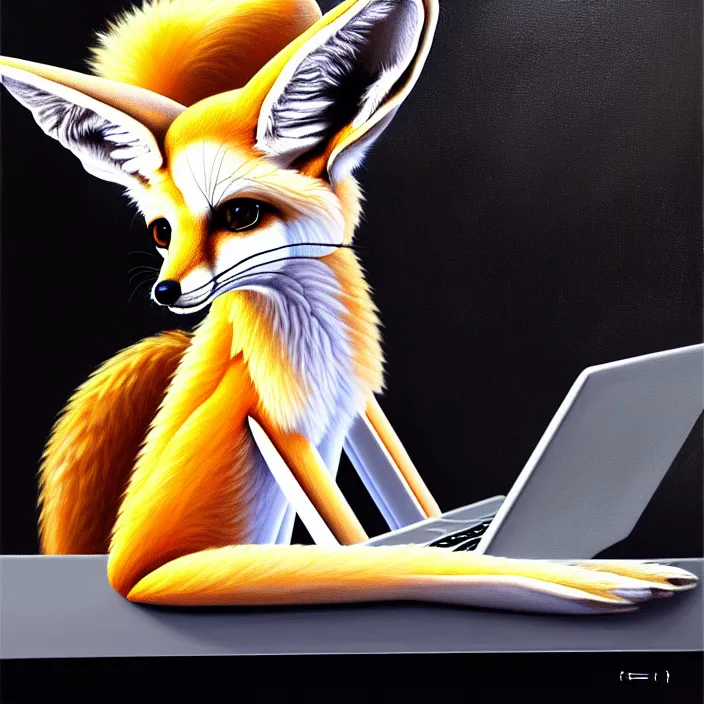 Image similar to a photorealistic painting of an anthropomorphic fennec fox wearing headphones, laptop, oil on canvas, furry, soft lighting