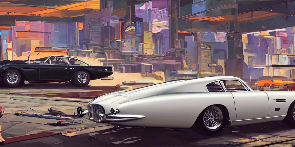 Prompt: art style by Ben Aronson and Edward Hopper and Syd Mead, wide shot view of the Cyberpunk 2077, on ground level. full view of the Aston Martin DB4 1958 with wide body kit modification and white pearl holographic paint.