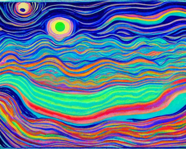 Prompt: Ocean waves in a psychedelic dream world. DMT. Curving rivers. Landscape painting by Edvard Munch. David Hockney. Takashi Murakami. Minimalist.