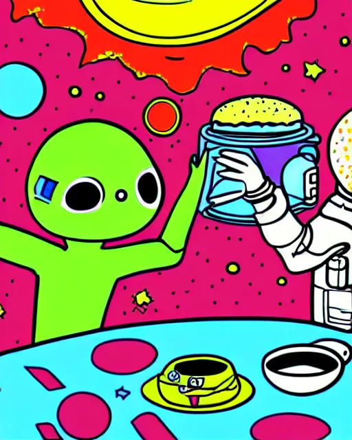 Image similar to an illustration of an astronaut meeting an alien for afternoon tea. funny. detailed. colorful. psychedelic