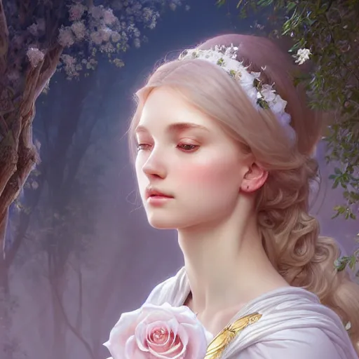 Image similar to perfectly detailed goddess princess of white roses!! blessed by nature with ever - increasing physical mental perfection, intricate, highly detailed, biblical divine holy perfection!! digital painting, artstation, concept art, smooth, sharp focus, illustration, art by artgerm and greg rutkowski and alphonse mucha