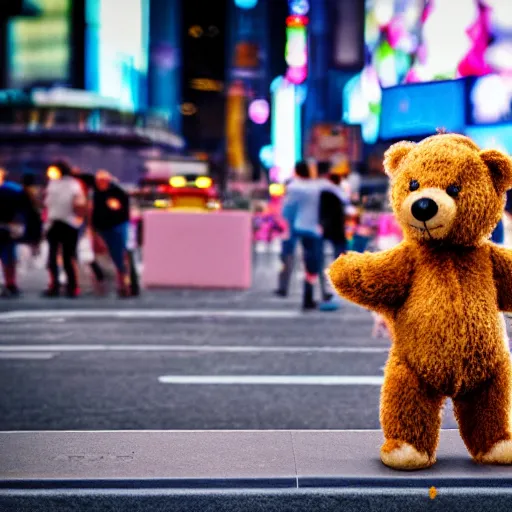 Image similar to teddy bear skateboarding in time square, bokeh, hyper realistic, street photography