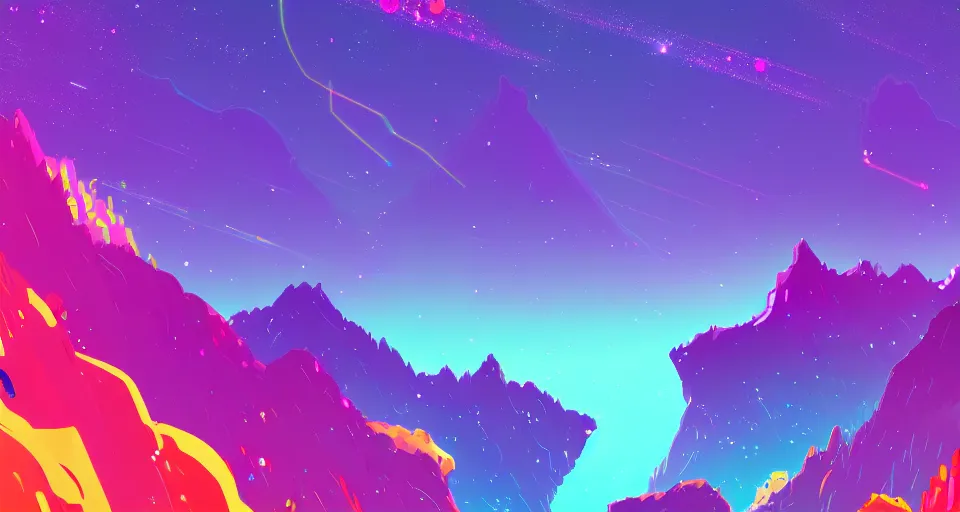 Image similar to galactic mountains surrounded with spiriling sparkling rainbow crystals and galaxies, hyper light drifter color pallet, trending on artstation