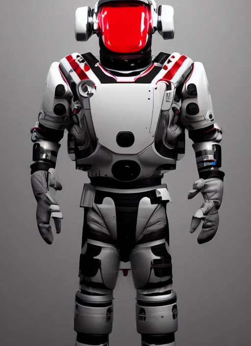 Prompt: a Photorealistic dramatic hyperrealistic render of a futuristic exospacesuit,Ultra realistic details,glossy white with red stripes by Vitaly Bulgarov and Mike Nash,Beautiful dramatic dark moody tones and lighting,cinematic atmosphere,studio lighting,shadows,dark background, Octane render,8K