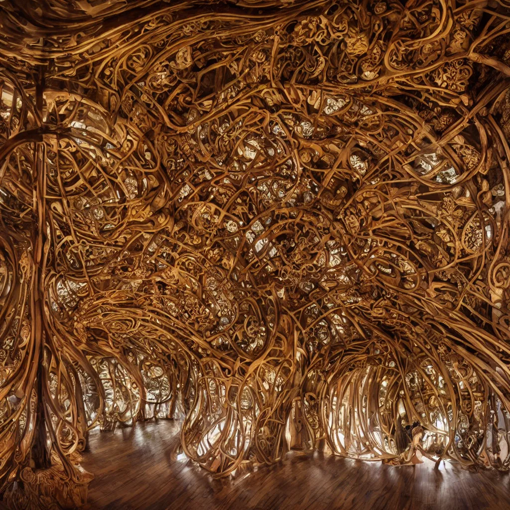 Prompt: bizarre surreal art nouveau japanese celtic hippie fairytale polynesian biomorphic interior architecture in live natural wood, inside vast cinematographic opening shot, sharp details, beautiful artistic masterpiece of photography