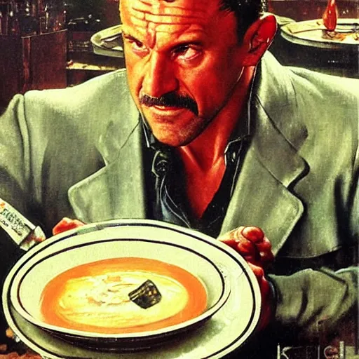 Image similar to leon kowalski replicant from blade runner is unhappy with the soup he has received in a restaurant and is considering making a complaint, painted by norman rockwell and tom lovell and frank schoonover