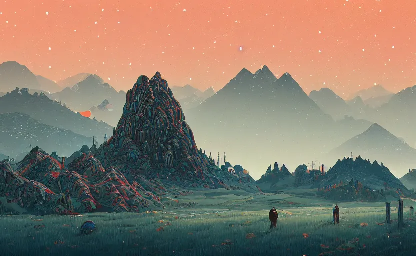 Prompt: mountains, stars and paisley filled sky, artstation, intricate, highly detailed, digital painting, concept art, sharp focus, illustration by Simon Stalenhag and James Jean