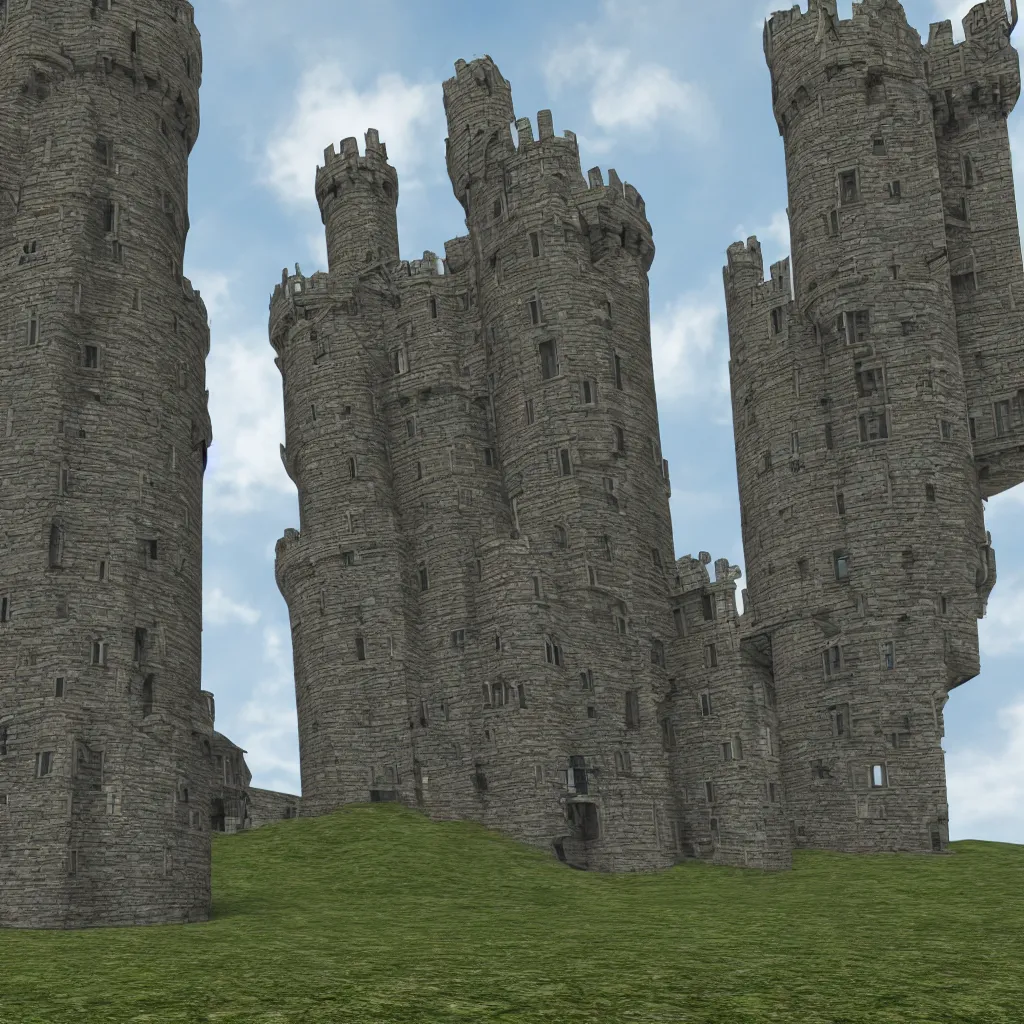 Image similar to celtic castle, 4 towers, photorealistic, hyper detailed, picture taken from the ground, first person perspective, realistic