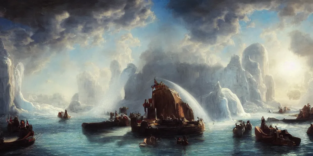 Image similar to The shadow of the dome of pleasure Floated midway on the waves; Where was heard the mingled measure From the fountain and the caves. It was a miracle of rare device, A sunny pleasure-dome with caves of ice!, cinematic lighting, detailed oil painting, hyperrealistic, 8k