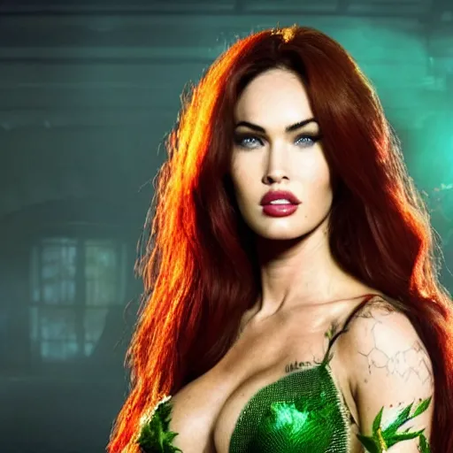 Image similar to stunning awe inspiring megan fox as poison ivy, movie still 8 k hdr atmospheric lighting