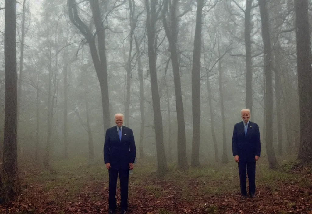 Image similar to low quality iphone photo of joe biden standing ominously deep in the foggy woods with a demonic smile in his face and his hands behind his back, low visibility creepy, grainy, trail cam footage