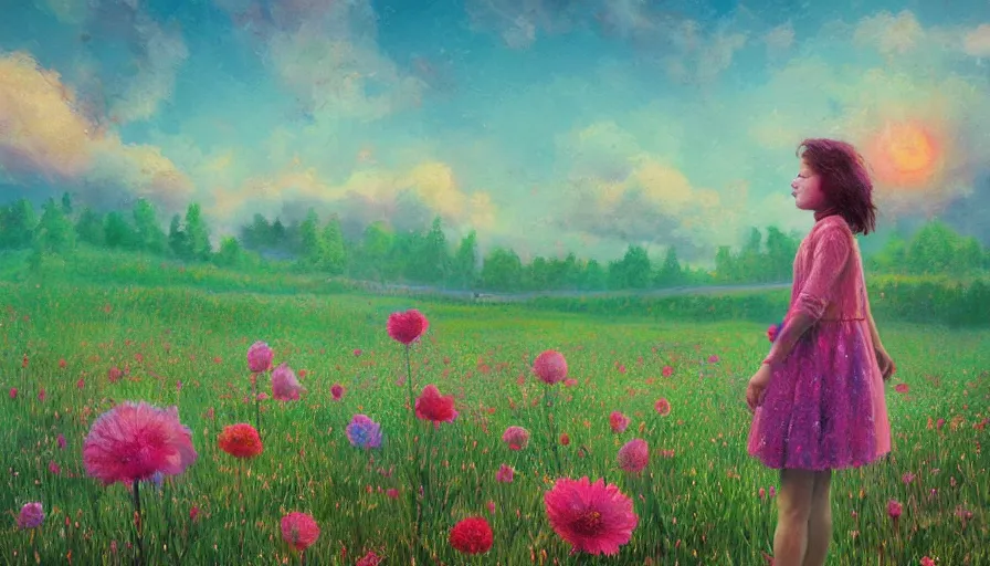 Image similar to girl with a flower face, surreal photography, dream, standing in field with giant flowers, hills, big trees, sunrise dramatic light, impressionist painting, colorful clouds, digital painting, pointillism, artstation, simon stalenhag, flower face