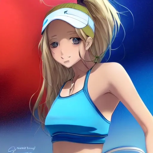 Image similar to a very beautiful proud young anime tennis girl, confident, full body, long wavy blond hair, sky blue eyes, full round face, bikini, miniskirt, front view, mid - shot, highly detailed, cinematic wallpaper by stanley artgerm lau