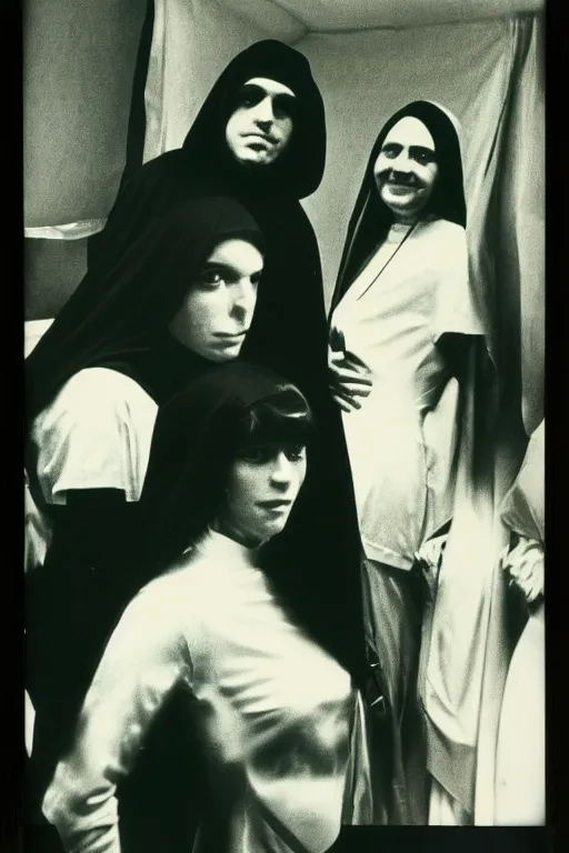 Image similar to 1970s, photo, a polaroid photo, art nouveau, dribble, Aphex Twin and a nun posing for a picture