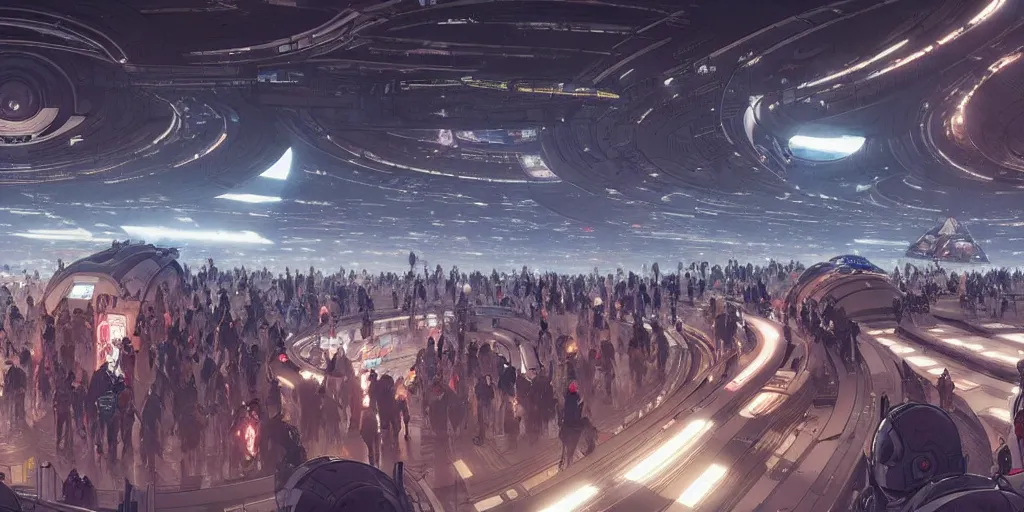 Prompt: the interior of a futuristic spaceport, large crowd of people in the foreground, by kim jung gi and greg rutkowski, rule of thirds