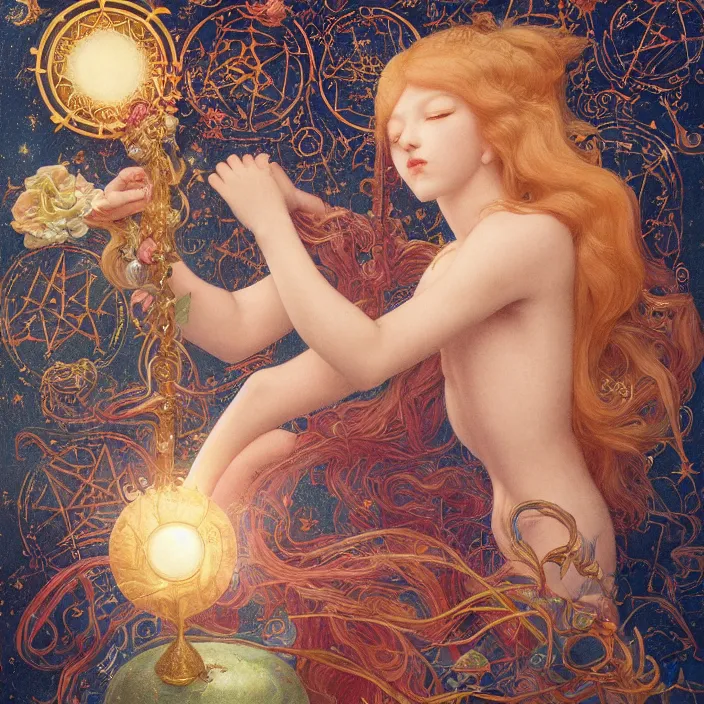 Image similar to a ultra - detailed beautiful painting major arcana the magician, sigils, runes, magical items, by hsiao ron cheng, ngai victo, nivanh chanthara jean delville wlop and dougherty patrick, trending on artstation, orb of agamento, light sparkles,, sky, sharp focus, soft light