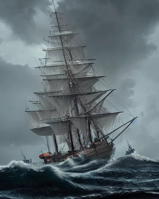 Prompt: a tall ship sailing vessel in stormy windy seas, in the style of louis phillipe crepin, hypermaximalistic, high details, cinematic, 8 k resolution, beautiful detailed, insanely detailed, trending in artstation, octane render, unreal engine