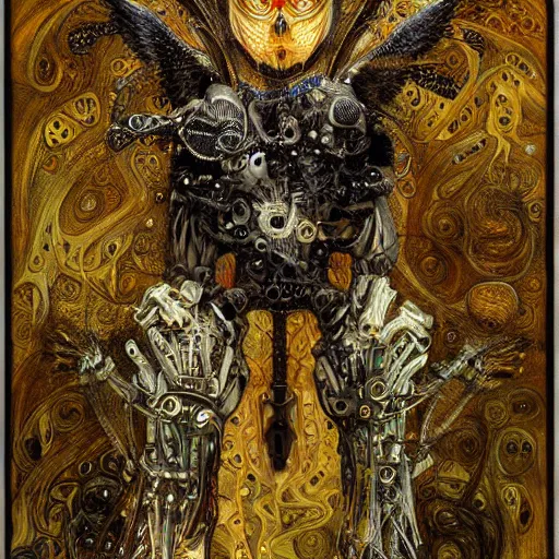 Prompt: winged cybernetic demon trapped in biomechanical circuitry, intricate detail, miro, royo, whealan, klimt,