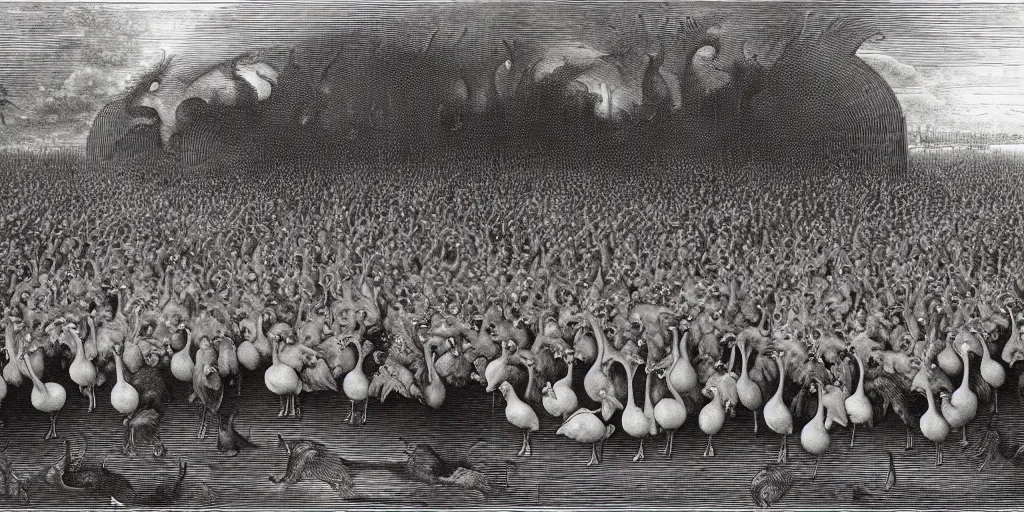 Image similar to gargantuan flock of geese guarding the gates of hell, art by gustave dore, hieronimus bosch