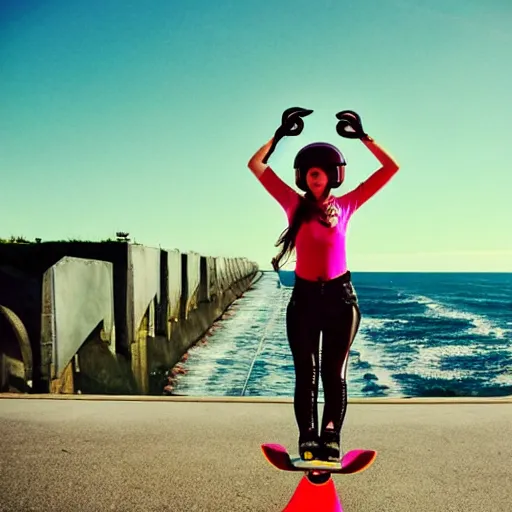 Prompt: aestethic, vibes, synthwave, cyperpunk girl riding a flying skateboard along the coastline