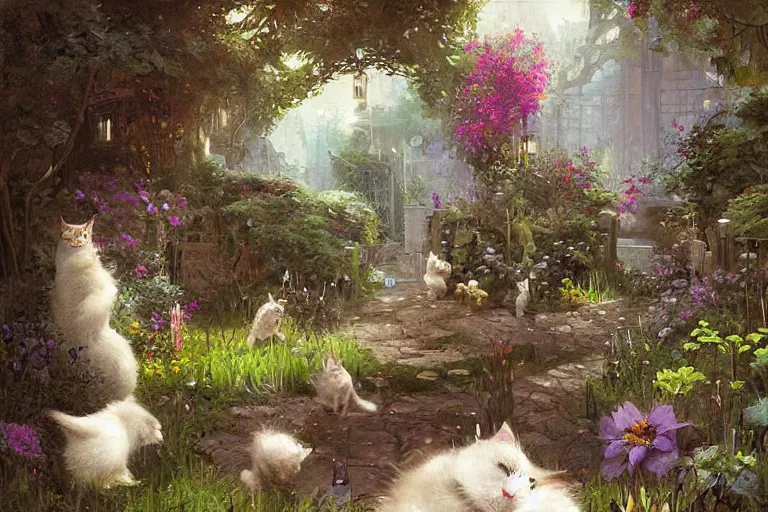 Image similar to The Secret Garden of cats, painting in the style by Greg Rutkowski