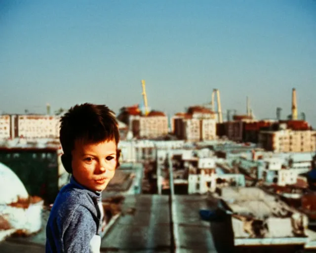 Image similar to lomo photo out of focus of roofjumpers climbing on roof of soviet hrushevka, small town, cinestill, bokeh, out of focus