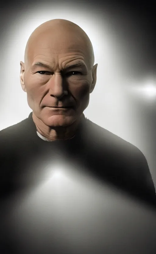 Image similar to Patrick Stewart as Professor X, backlit lighting, atmospheric fog